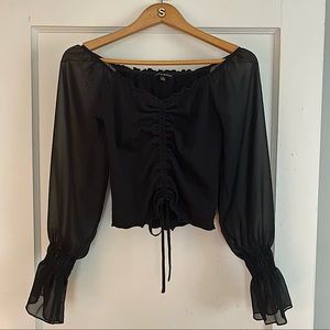 NWOT Black Cinched Blouse with Sheer Sleeves - S